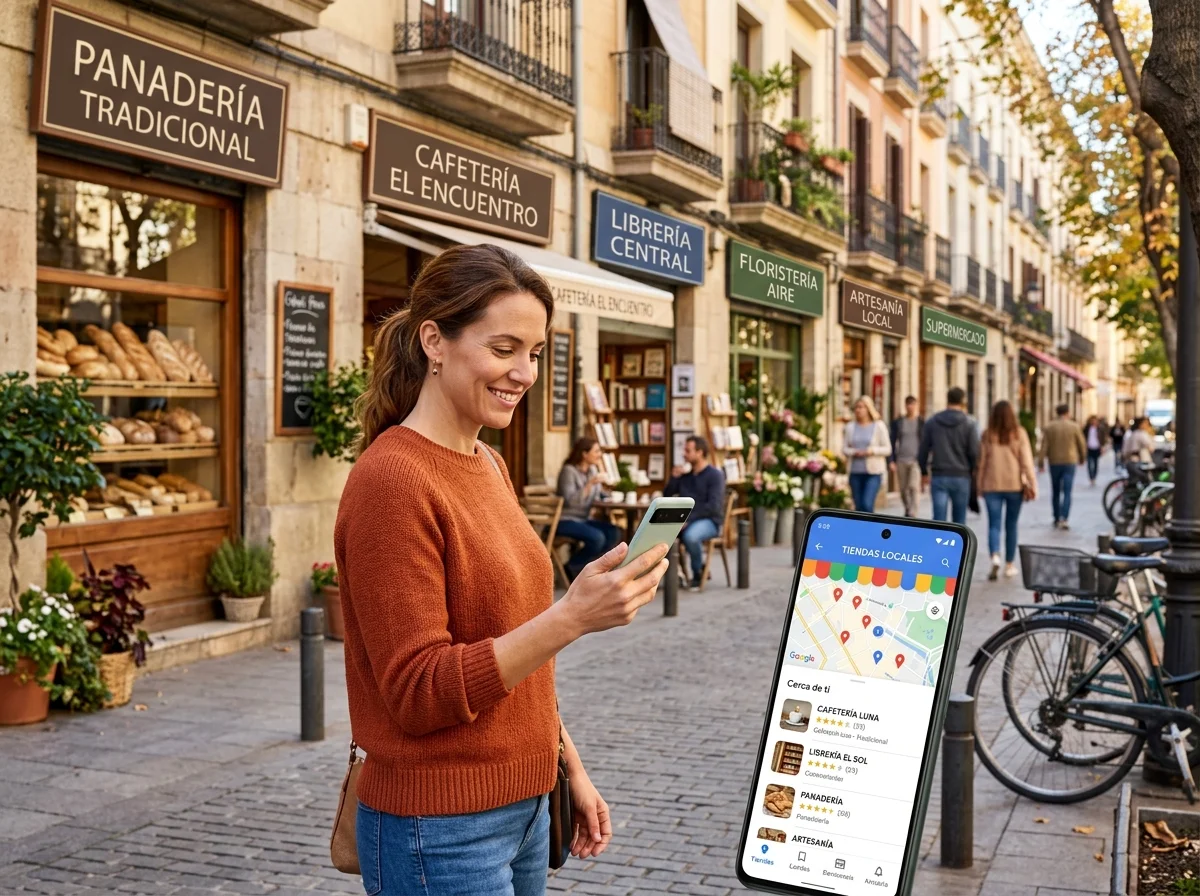 Persona consultando el portal local de comercios y restaurantes en Barcelona
