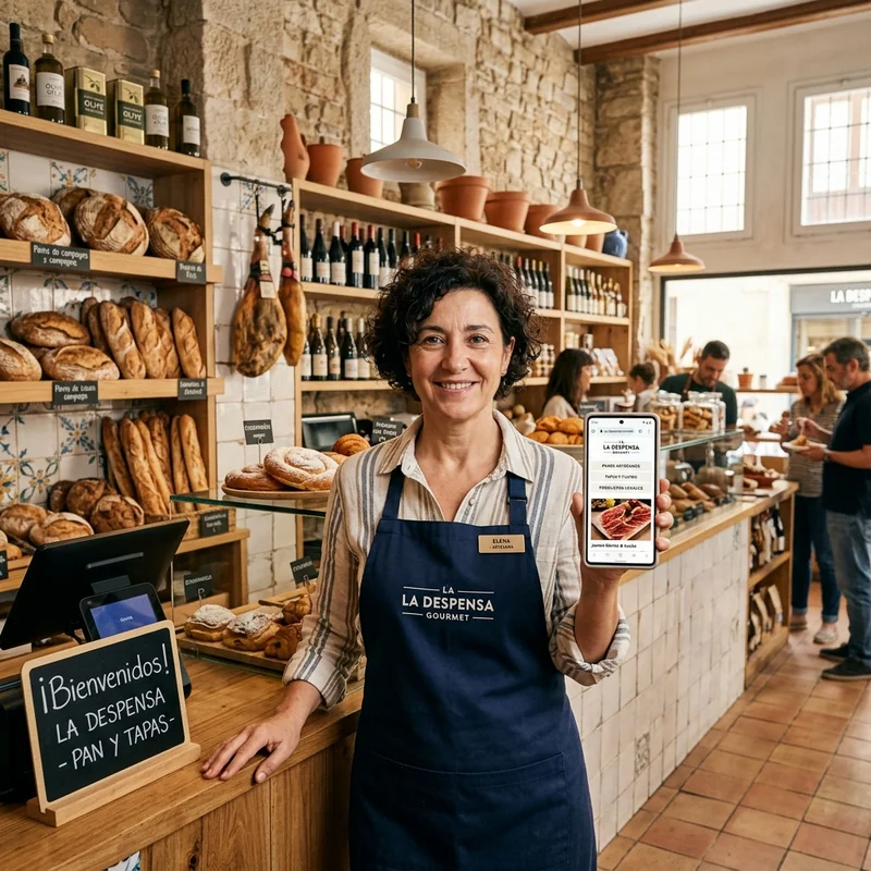 Comercio local en Barcelona, España gestionando su vitrina web y catálogo digital sin comisiones
